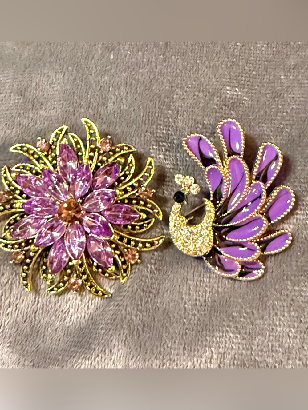 Gold-Tone Purple Floral and Peacock Brooch Set